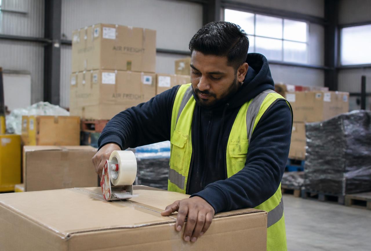 Send parcel to Bangladesh from the UK with B Cargo — a courier sealing a cardboard parcel