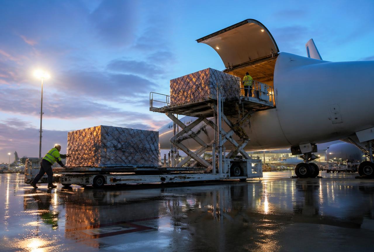 Palletised freight being loaded onto an aircraft for UK to Bangladesh air cargo